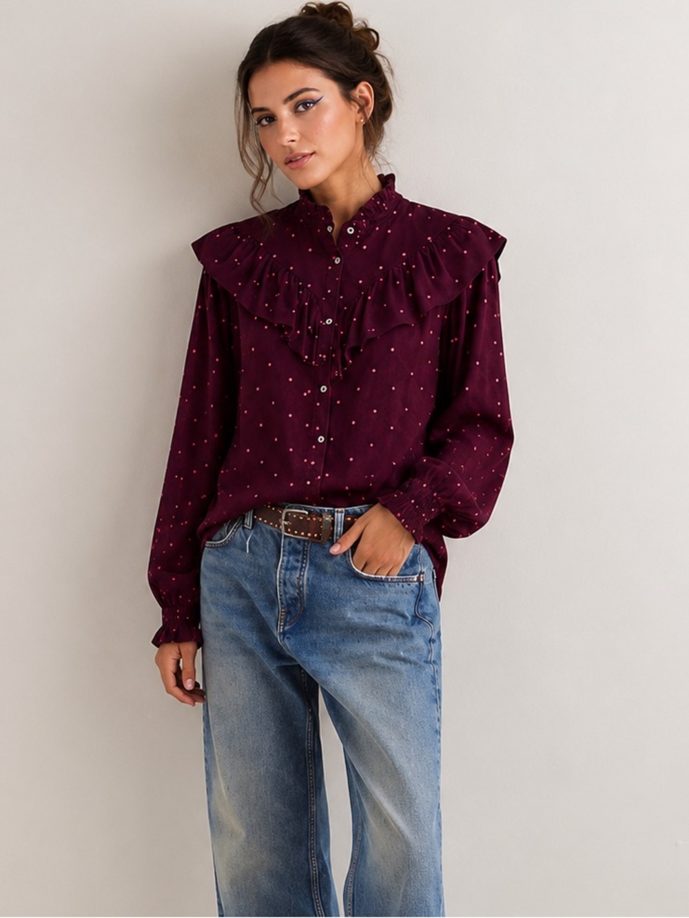 LOFT Prairie Ruffle Yoke Blouse Plum Pink Dot Smocked Neck Victorian Cottage M